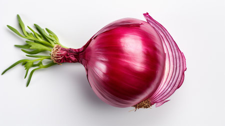 Red onion isolated on white background. Top view. Flat lay.の素材