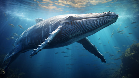 Humpback whale in the deep blue ocean. 3d renderingの素材