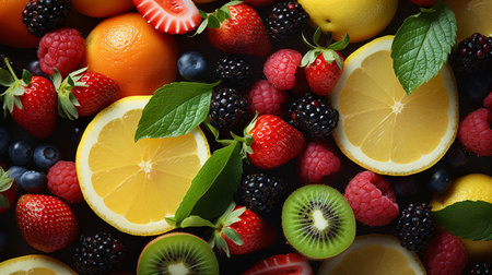 Fruits and berries background. Top view. Healthy food concept.の素材