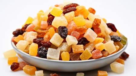 Mix of dried fruits in bowl on white background, close up.の素材