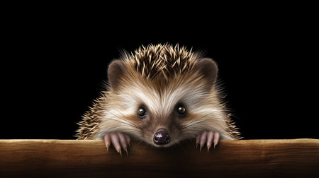 Hedgehog on a wooden fence isolated on a black background.の素材