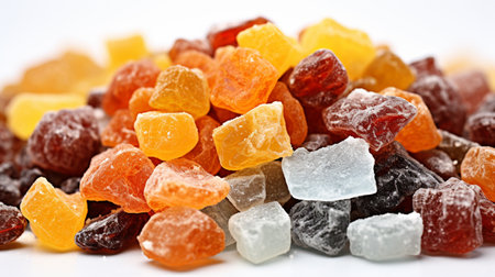 Heap of colorful candied fruits on white background, closeupの素材
