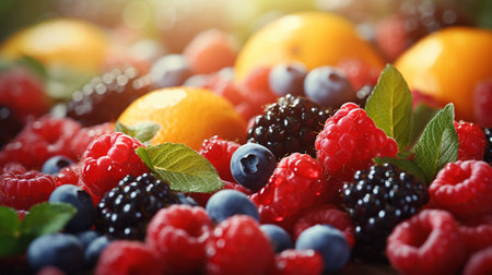 Fruits and berries on wooden table, closeup. Healthy foodの素材