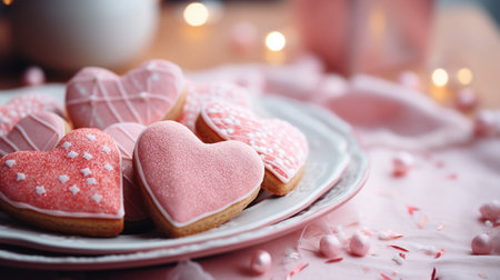 Delicious heart shaped cookies on plate, on table, on light backgroundの素材