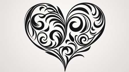 Black and white heart shape with swirls on white background. Vector illustration.の素材