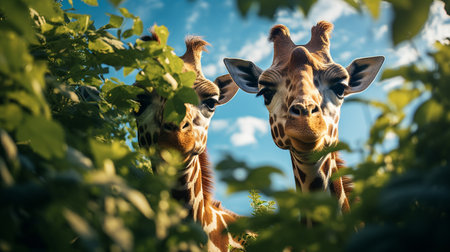 Two giraffes in the wild eating green leaves of bushes.の素材