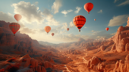 Hot air balloons flying over the desert. 3D Rendering.の素材