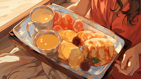 Illustration of a woman having breakfast with orange juice and croissantsの素材