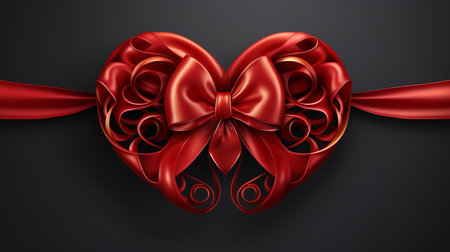 Red heart with a bow on a black background. Vector illustration.の素材