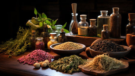 Assortment of spices and herbs on wooden table. Food and cuisine ingredients.の素材