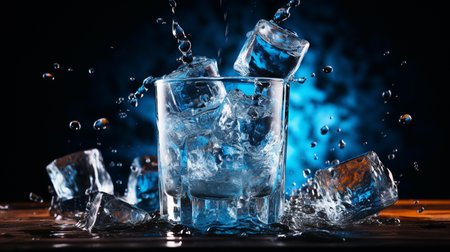 Ice cubes falling into a glass of water with splashes on a dark backgroundの素材