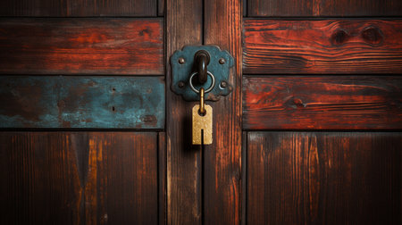 Old wooden door with lock and key, close-up. Selective focusの素材