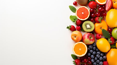 Fruits and berries on a white background, top view, copy spaceの素材