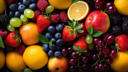 Fruits and berries background. Top view. Healthy food concept.の素材