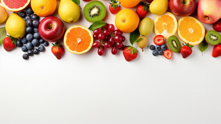 Fruits and berries on white background, top view. Space for textの素材