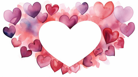 Watercolor red and pink hearts on a white background with space for textの素材