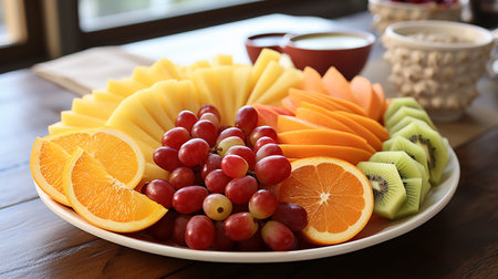 Fruit platter on a wooden table in a cafe or restaurantの素材