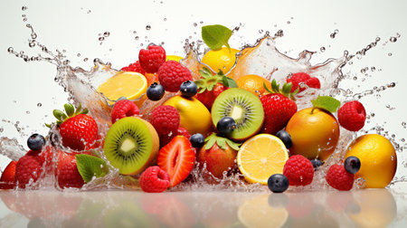 Fresh fruits with water splash on white background. Healthy food concept.の素材