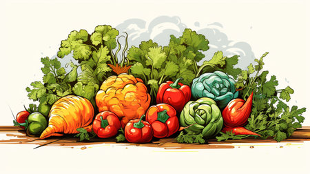 Illustration of fresh vegetables in a wooden background with space for textの素材