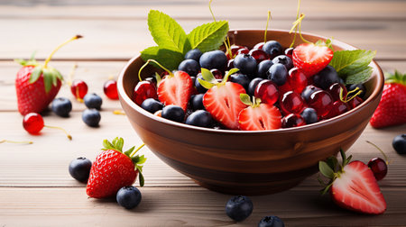Fresh berries in bowl on wooden background. Healthy food concept. Selective focusの素材