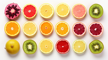 Slices of different citrus fruit on white background, top viewの素材