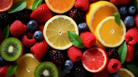 Fruits and berries background, top view. Healthy food concept.の素材