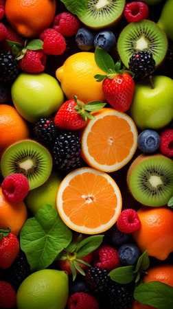 Fruits and berries background. Healthy food concept. Top view.の素材