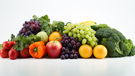 Composition with variety of fruits and vegetables on white background. Balanced dietの素材