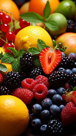Mix of fresh fruits and berries on wooden table, closeup viewの素材