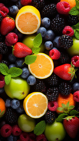 Mix of fresh fruits and berries. Healthy food background. Top view.の素材