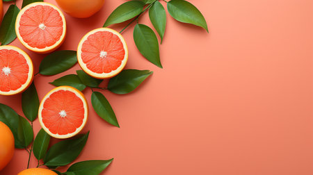 Fresh ripe citrus fruits with green leaves on color background, flat layの素材