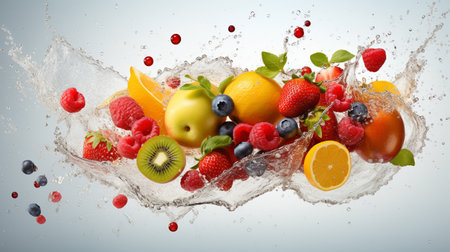 Fruit splashing in water on a white background. Mixed mediaの素材