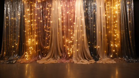 Curtain with golden lights in the dark room. Luxury backgroundの素材