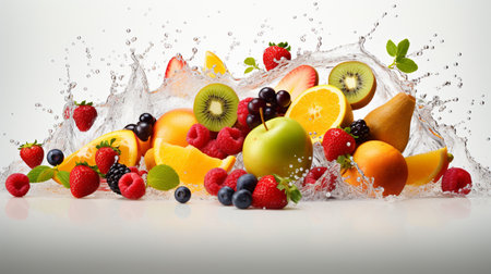 Fruit splashing in water on a white background with copy spaceの素材