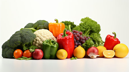 Composition with variety of fresh vegetables on white background. Balanced dietの素材