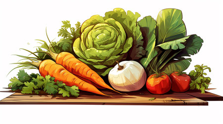 Vegetables on a wooden board isolated on white background vector illustrationの素材