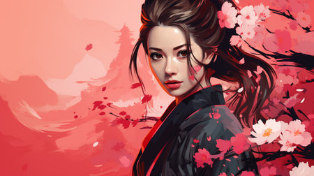 Beautiful asian woman with cherry blossom. Spring fashion.の素材