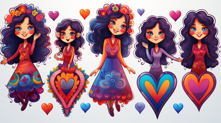 Set of cute cartoon girls in colorful dresses with hearts. Vector illustration.の素材