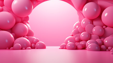 3d render, abstract background with pink balls and arch, minimal designの素材