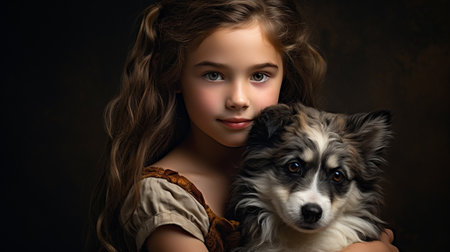 Beautiful little girl with a border collie dog. Studio shot.の素材