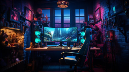 3D rendering of the interior of a gaming room with neon lights.の素材
