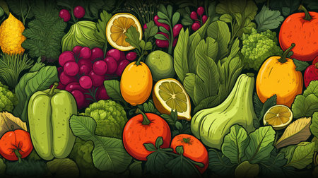 Vegetable background with fruits and vegetables. Vector illustration for your designの素材