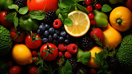Fresh fruits and vegetables background. Healthy food concept. Top view.の素材