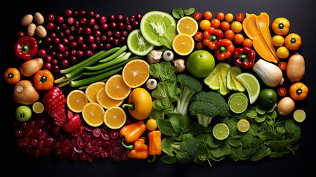 Fresh fruits and vegetables on a black background. Healthy food concept.の素材
