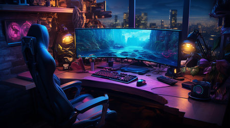 Cyberpunk gamer workspace with computer, mouse, keyboard and mouse pad.の素材