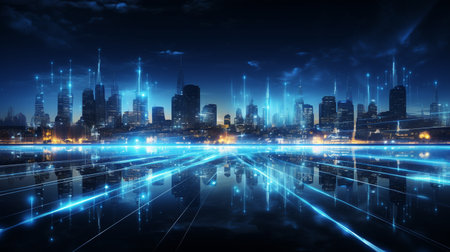 Modern city at night with neon lights and reflection. Futuristic conceptの素材