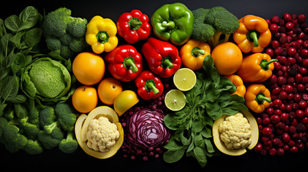 Composition with variety of fresh vegetables on black background, top viewの素材