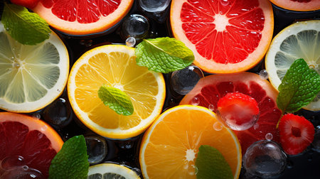 Slices of citrus fruit in ice cubes, close-upの素材