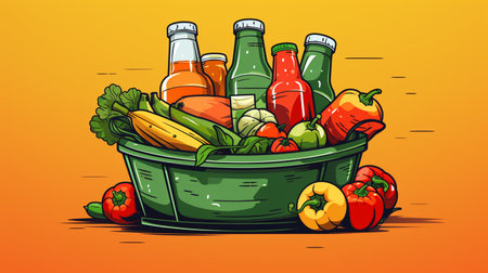 Illustration of a basket full of fresh vegetables. Vector illustration.の素材