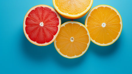 Slices of orange, grapefruit and lemon on blue backgroundの素材